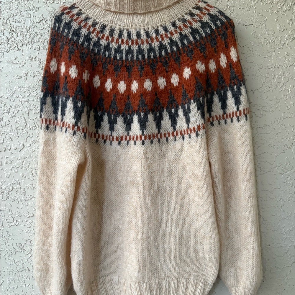 Vintage Edel Wear Handknit Mohair-Blend Fair Isle Turtleneck Sweater L